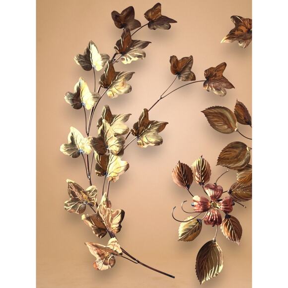 MCM Brass and Copper Ivy Leaf Wall Art Set of 4 Branch and Flower Sculptures - Picture 6 of 12